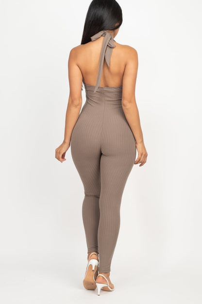 Casual Basics Deep V Halter Neck Bodycon Jumpsuit