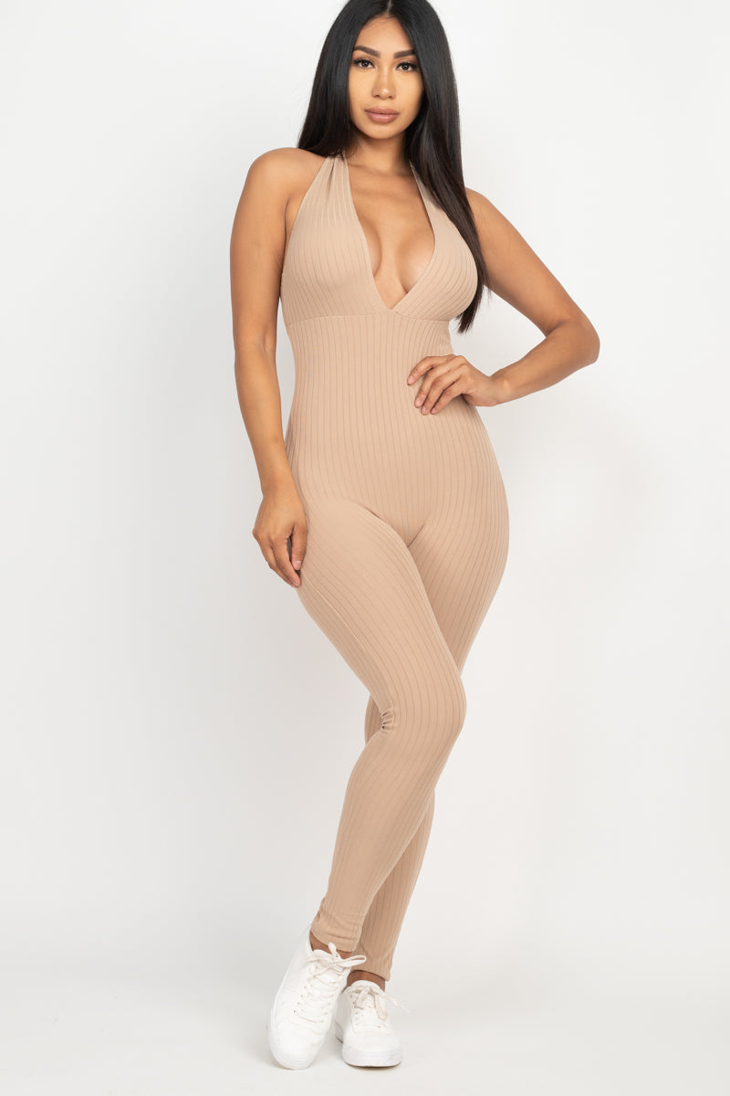 Casual Basics Deep V Halter Neck Bodycon Jumpsuit