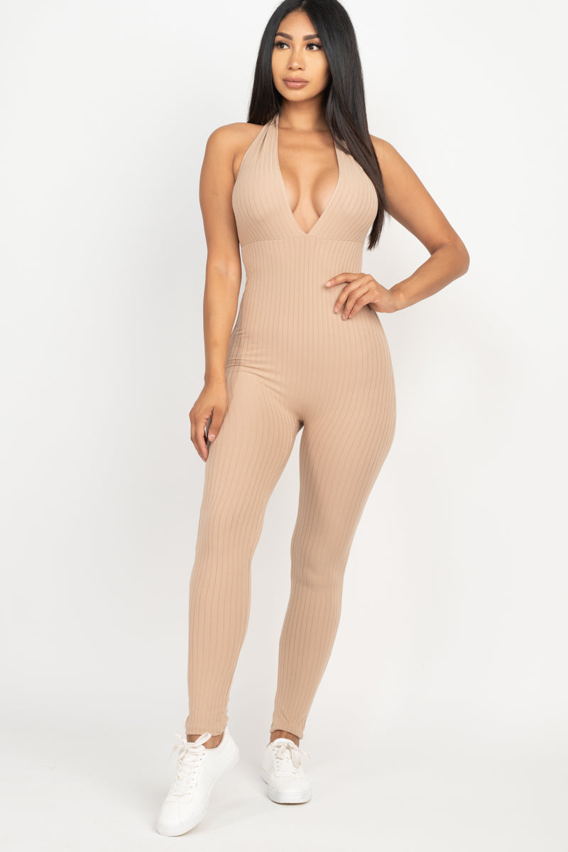 Casual Basics Deep V Halter Neck Bodycon Jumpsuit