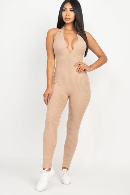 Casual Basics Deep V Halter Neck Bodycon Jumpsuit