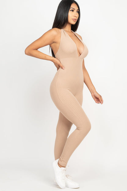 Casual Basics Deep V Halter Neck Bodycon Jumpsuit