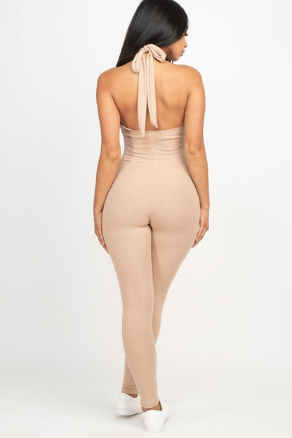 Casual Basics Deep V Halter Neck Bodycon Jumpsuit