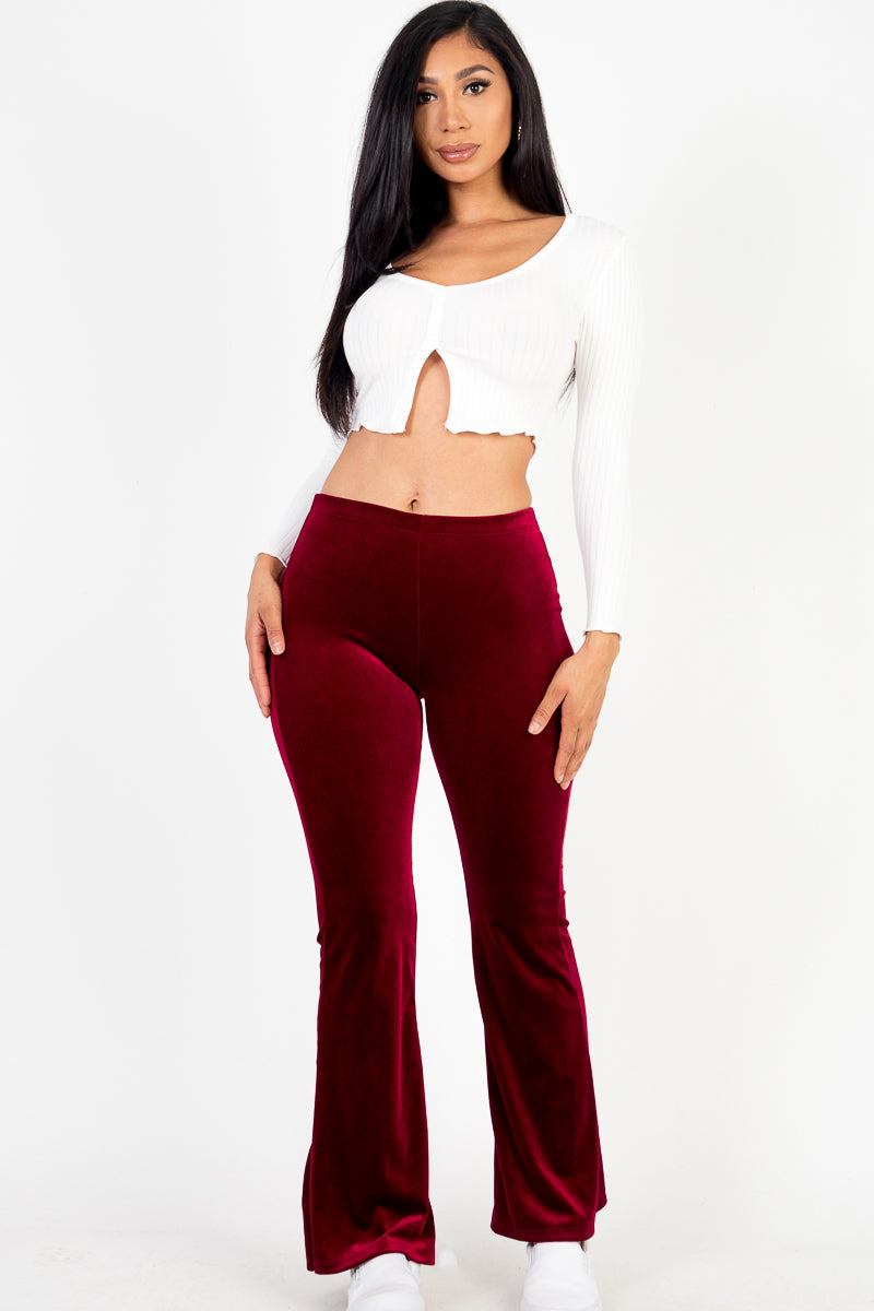 Casual Luxe High Waisted Velvet Knit Flare Leg Pants