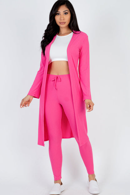 Casual Basics  Rib Knit Longline Cardigan, Crop Top &amp; Leggings Set