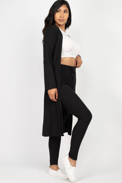 Casual Basics  Rib Knit Longline Cardigan, Crop Top &amp; Leggings Set