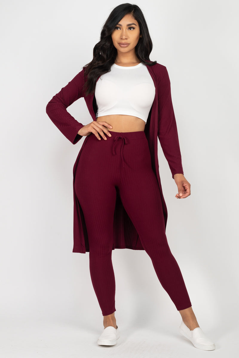 Casual Basics  Rib Knit Longline Cardigan, Crop Top &amp; Leggings Set