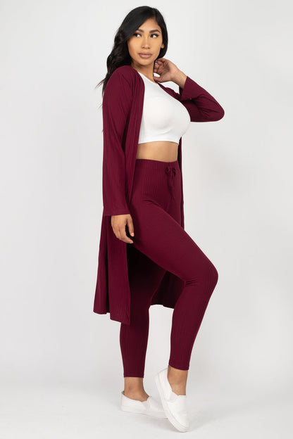 Casual Basics  Rib Knit Longline Cardigan, Crop Top &amp; Leggings Set