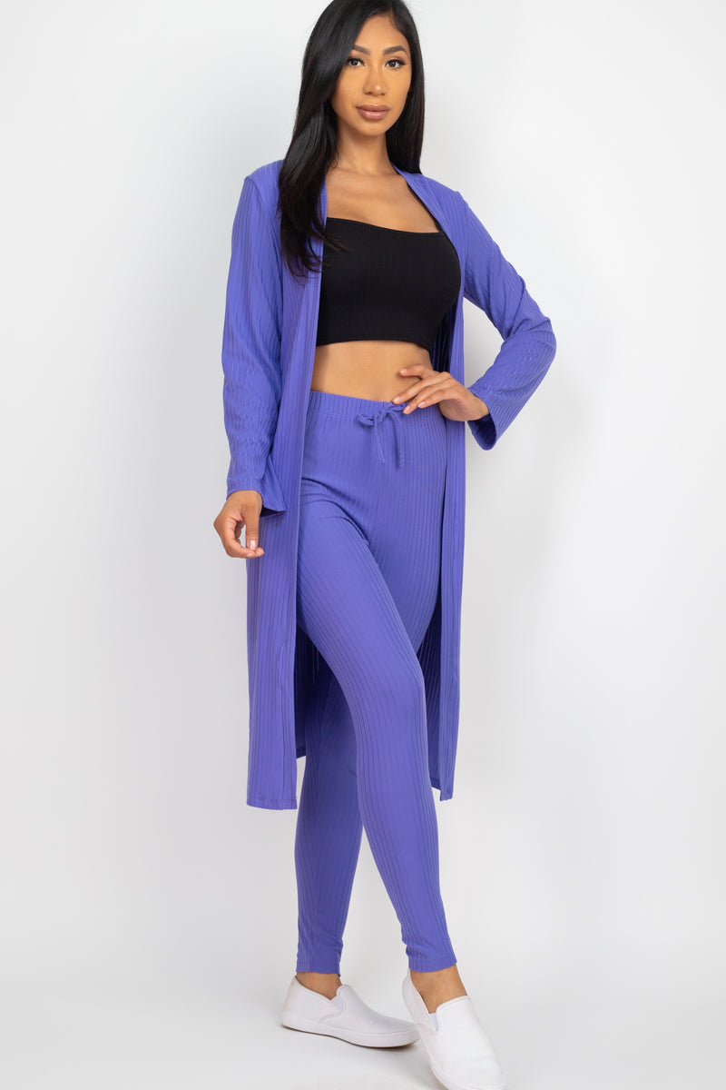 Casual Basics  Rib Knit Longline Cardigan, Crop Top &amp; Leggings Set