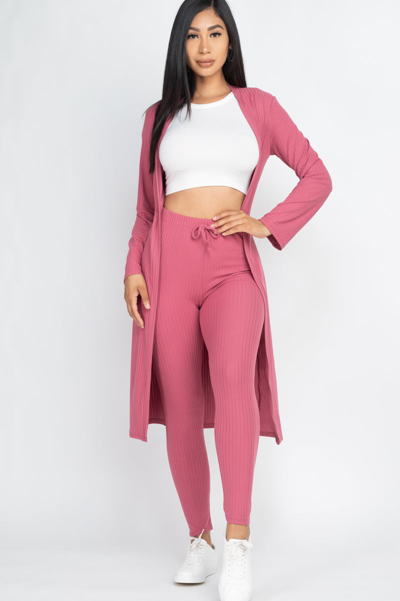 Casual Basics  Rib Knit Longline Cardigan, Crop Top &amp; Leggings Set