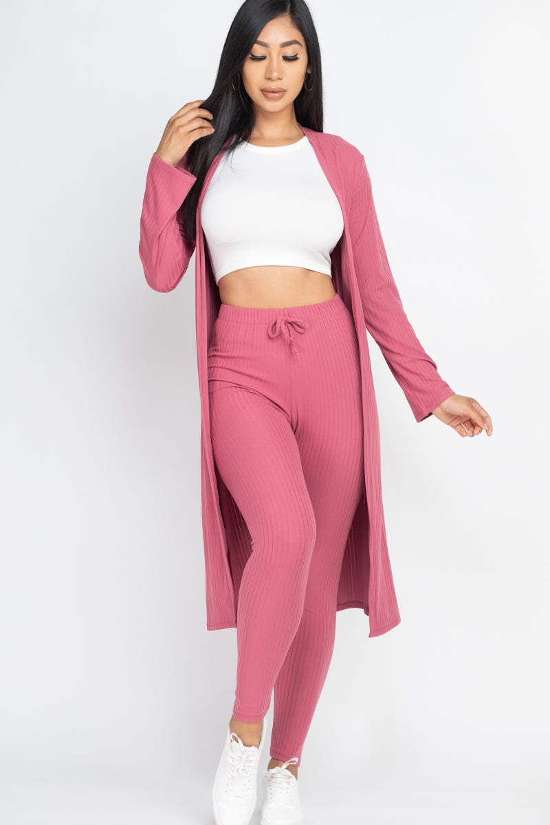 Casual Basics  Rib Knit Longline Cardigan, Crop Top &amp; Leggings Set