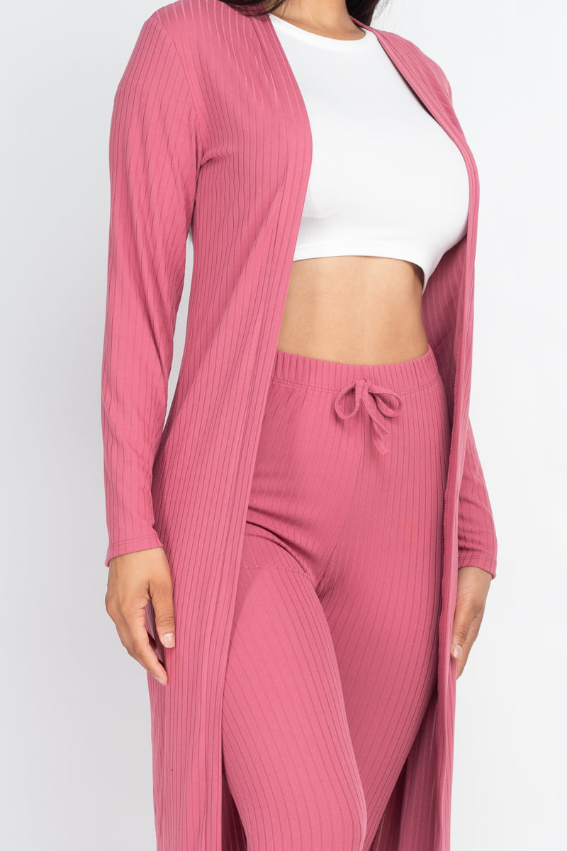 Casual Basics  Rib Knit Longline Cardigan, Crop Top &amp; Leggings Set