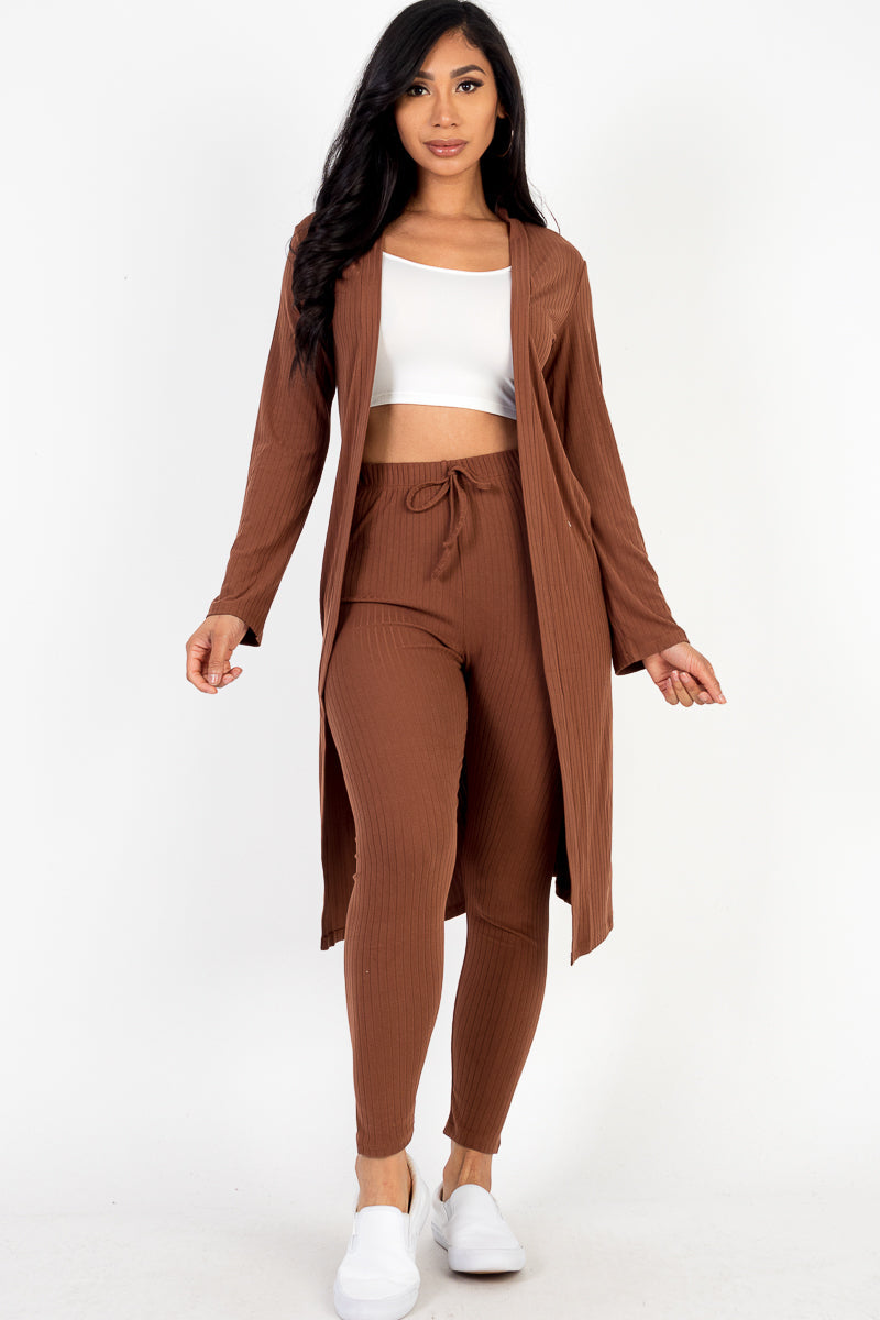 Casual Basics  Rib Knit Longline Cardigan, Crop Top &amp; Leggings Set