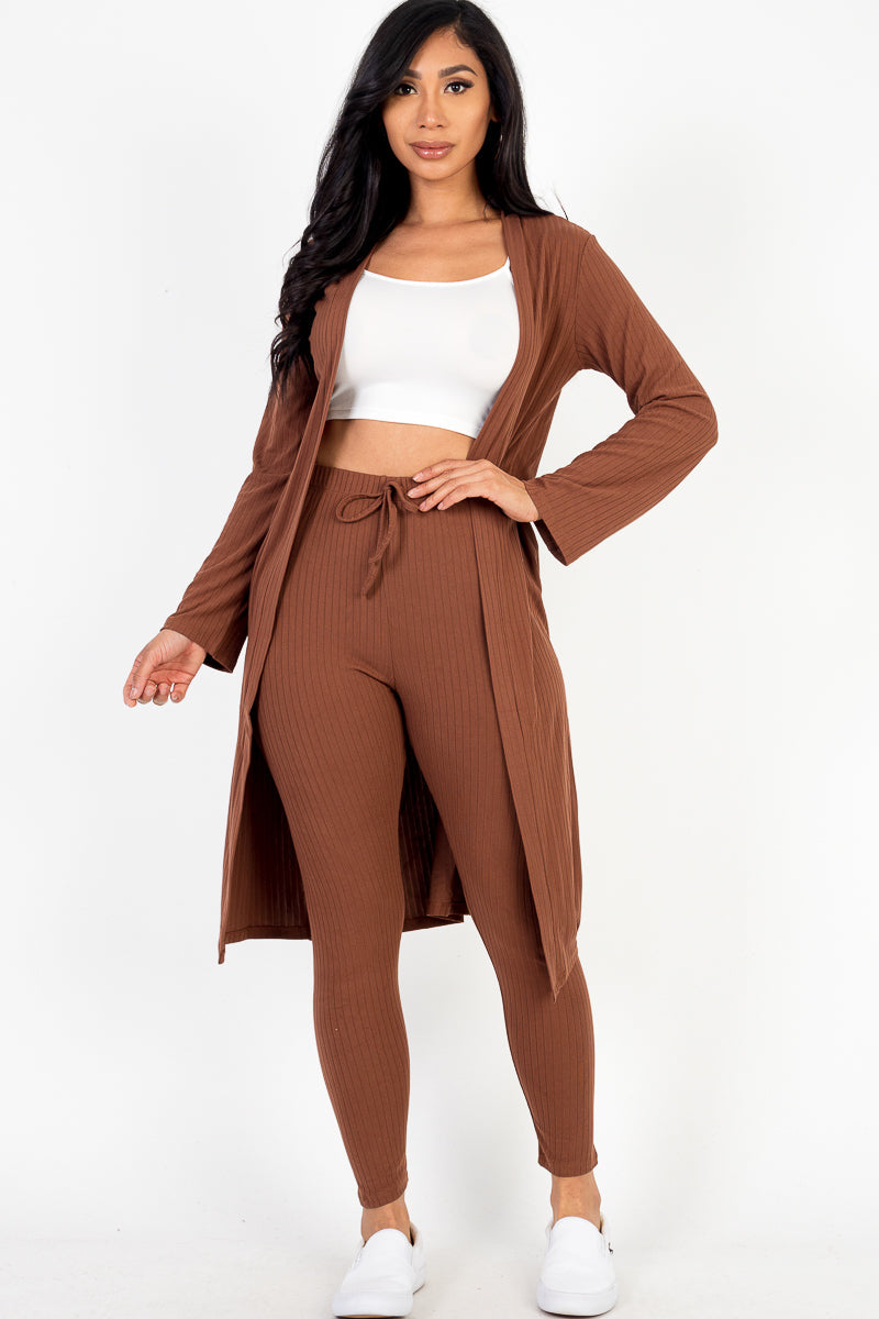 Casual Basics  Rib Knit Longline Cardigan, Crop Top &amp; Leggings Set