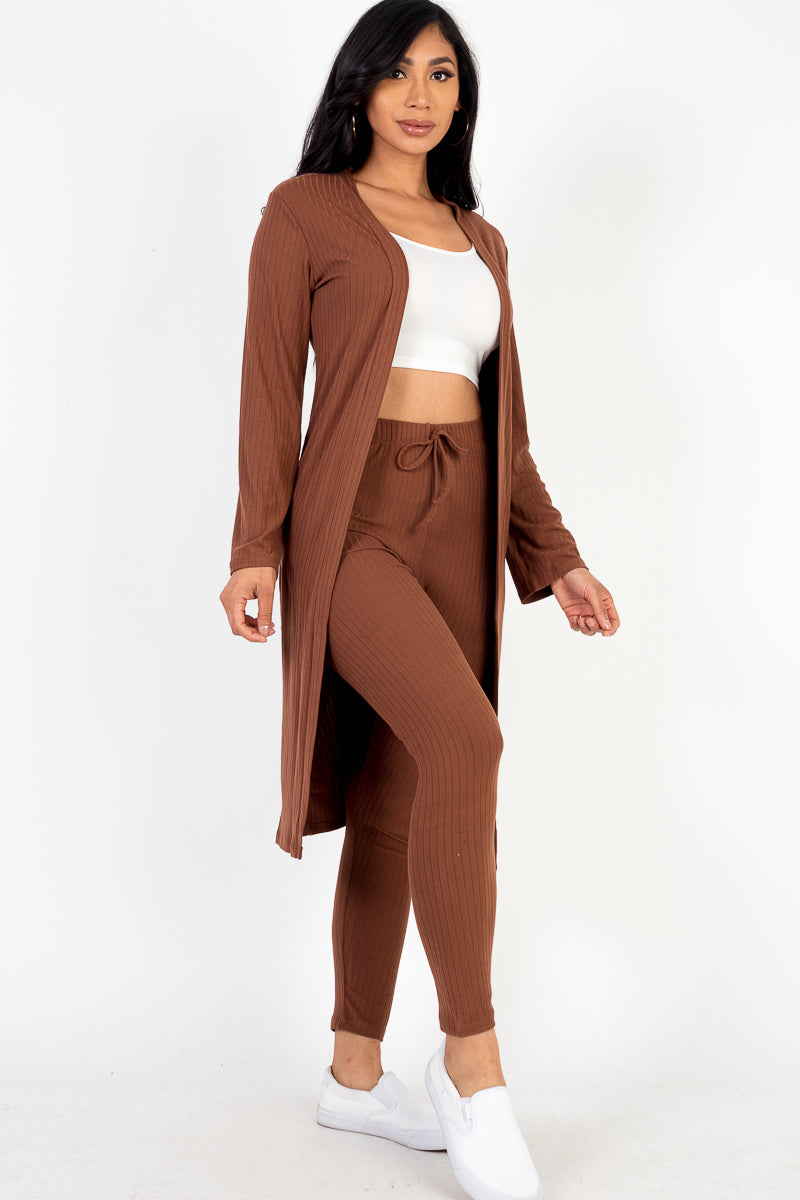 Casual Basics  Rib Knit Longline Cardigan, Crop Top &amp; Leggings Set