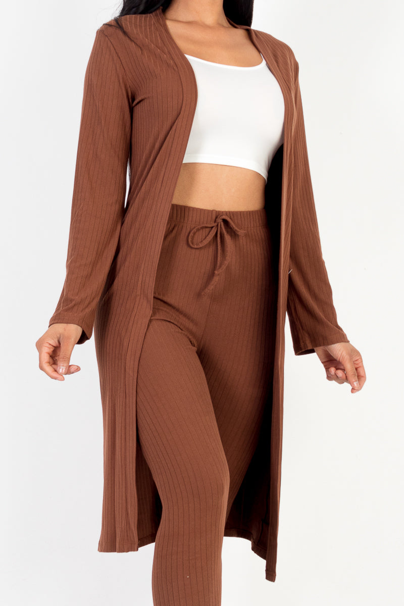 Casual Basics  Rib Knit Longline Cardigan, Crop Top &amp; Leggings Set