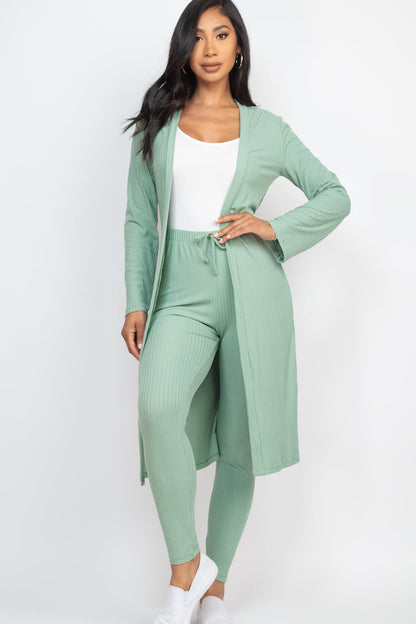 Casual Basics  Rib Knit Longline Cardigan, Crop Top &amp; Leggings Set