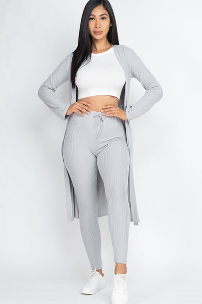 Casual Basics  Rib Knit Longline Cardigan, Crop Top &amp; Leggings Set