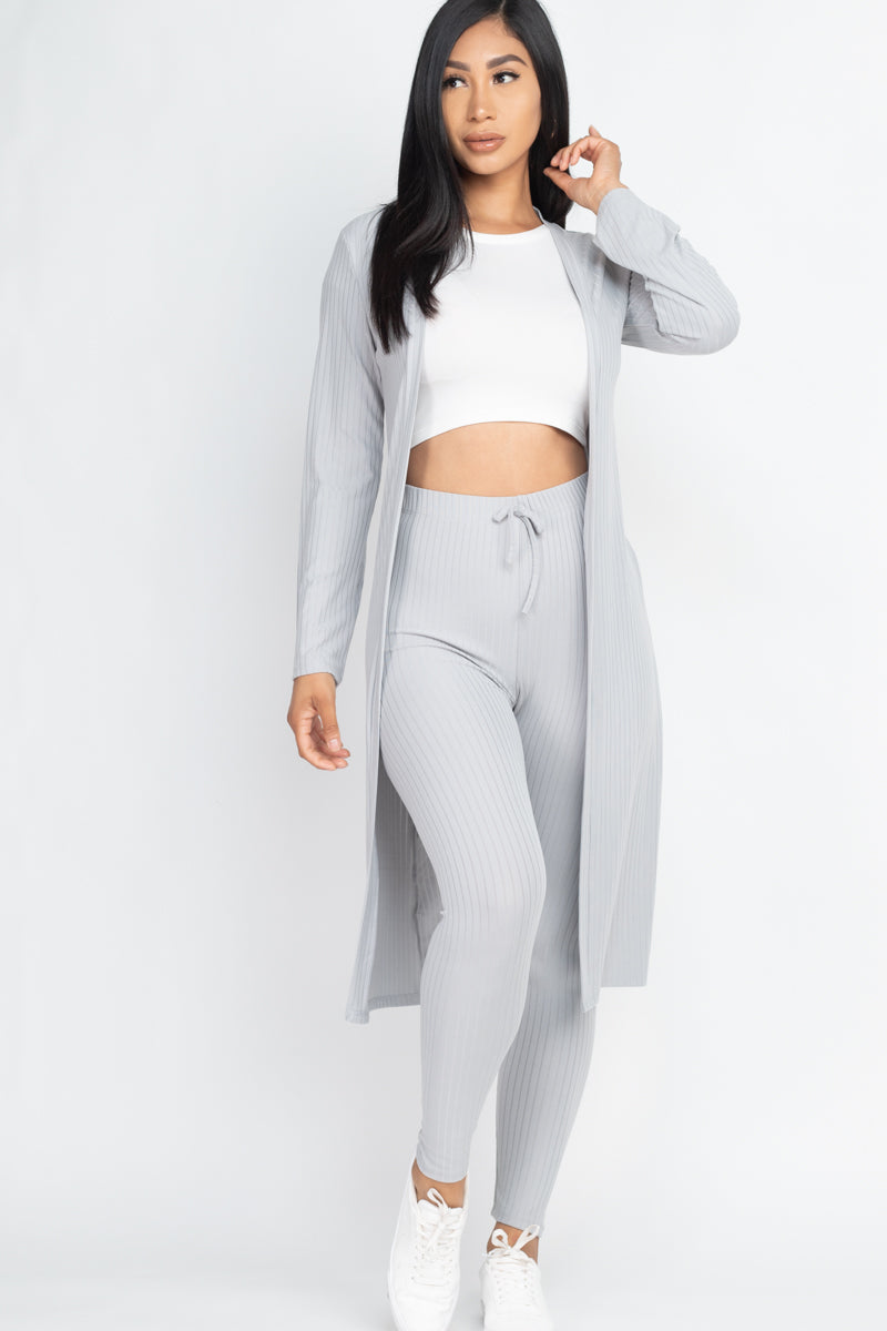 Casual Basics  Rib Knit Longline Cardigan, Crop Top &amp; Leggings Set