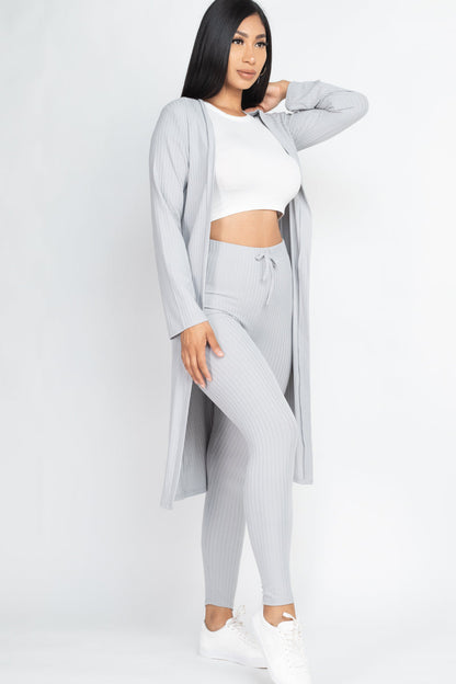 Casual Basics  Rib Knit Longline Cardigan, Crop Top &amp; Leggings Set