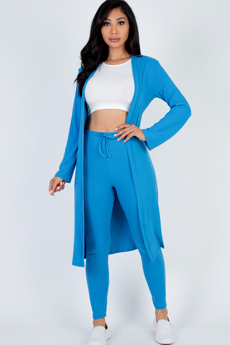 Casual Basics  Rib Knit Longline Cardigan, Crop Top &amp; Leggings Set