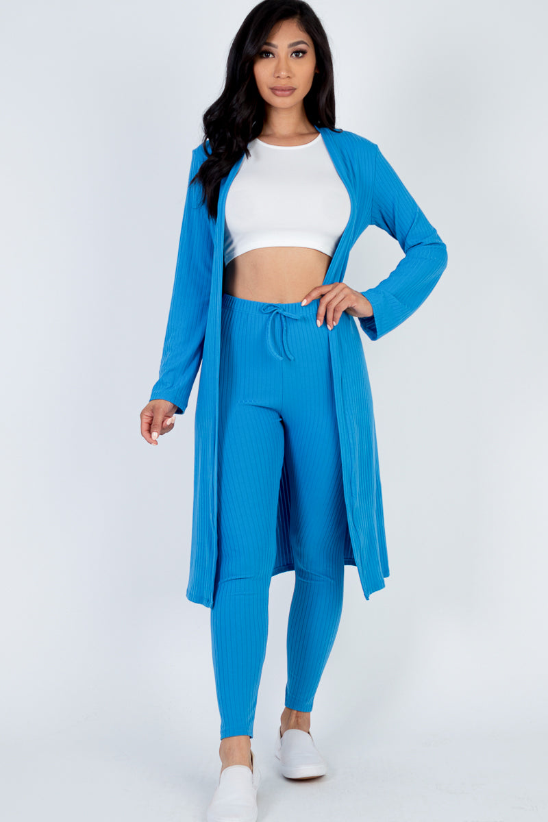 Casual Basics  Rib Knit Longline Cardigan, Crop Top &amp; Leggings Set