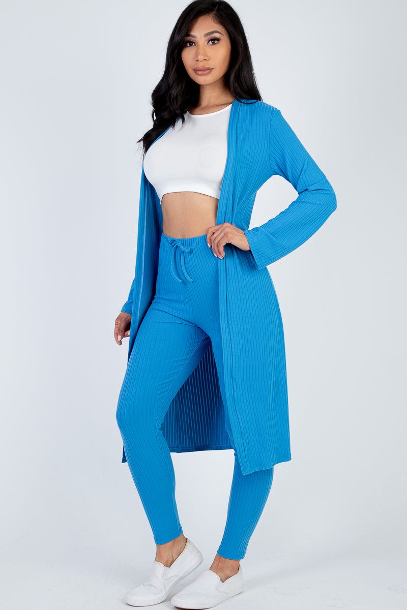 Casual Basics  Rib Knit Longline Cardigan, Crop Top &amp; Leggings Set