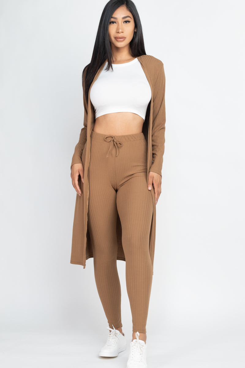 Casual Basics  Rib Knit Longline Cardigan, Crop Top &amp; Leggings Set