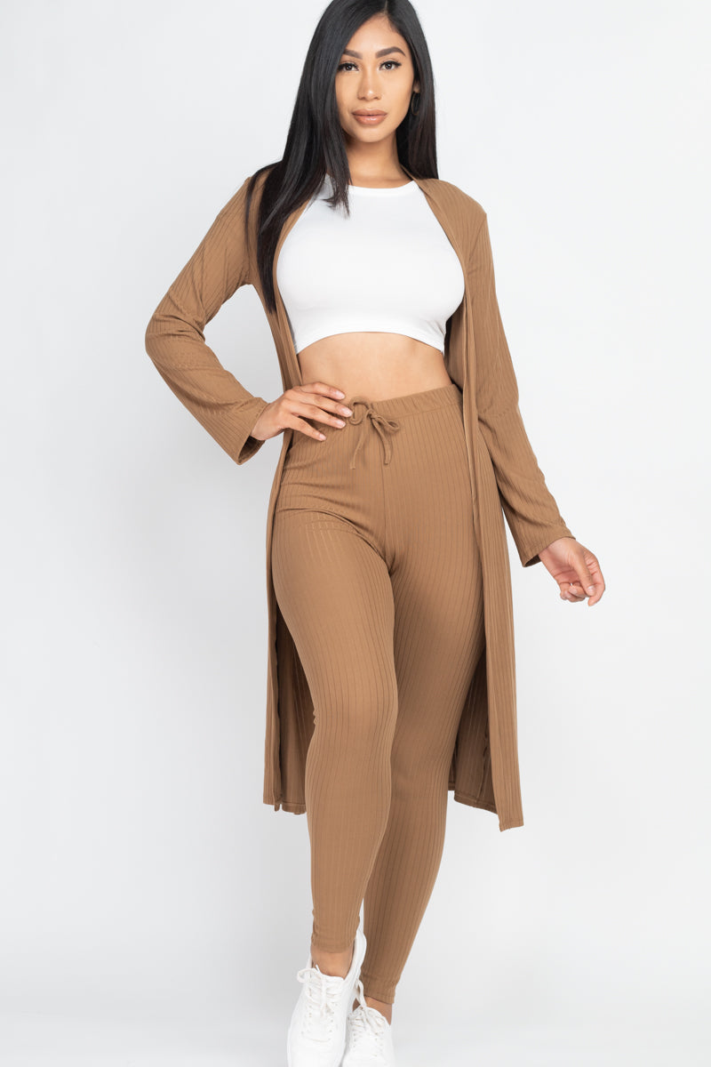 Casual Basics  Rib Knit Longline Cardigan, Crop Top &amp; Leggings Set