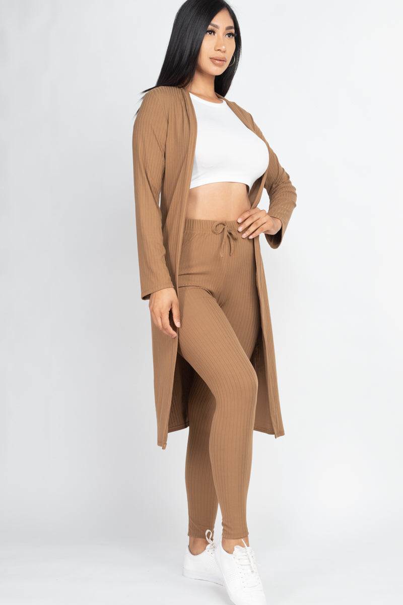 Casual Basics  Rib Knit Longline Cardigan, Crop Top &amp; Leggings Set