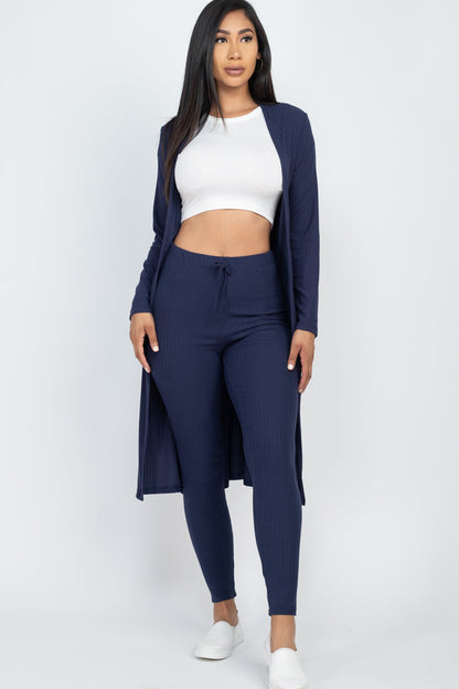 Casual Basics  Rib Knit Longline Cardigan, Crop Top &amp; Leggings Set