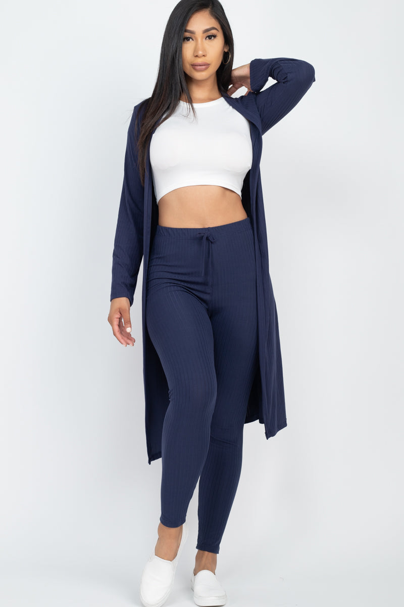 Casual Basics  Rib Knit Longline Cardigan, Crop Top &amp; Leggings Set