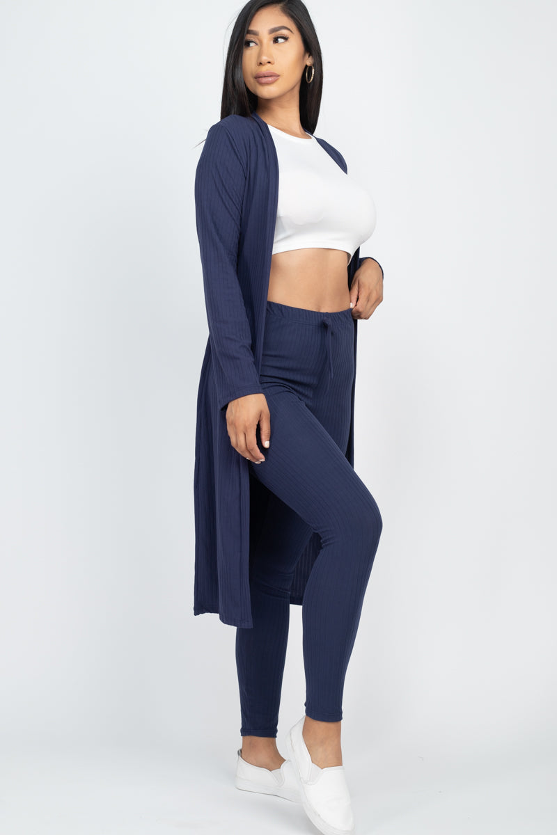 Casual Basics  Rib Knit Longline Cardigan, Crop Top &amp; Leggings Set