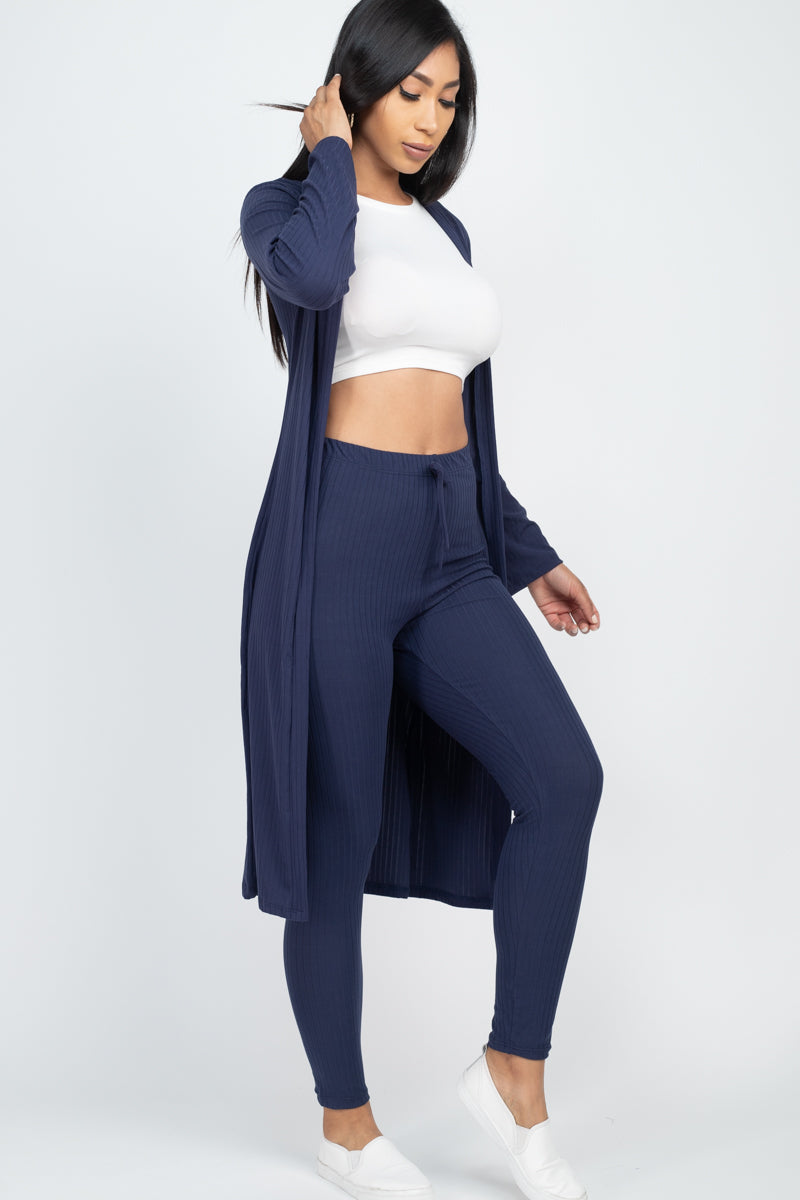 Casual Basics  Rib Knit Longline Cardigan, Crop Top &amp; Leggings Set