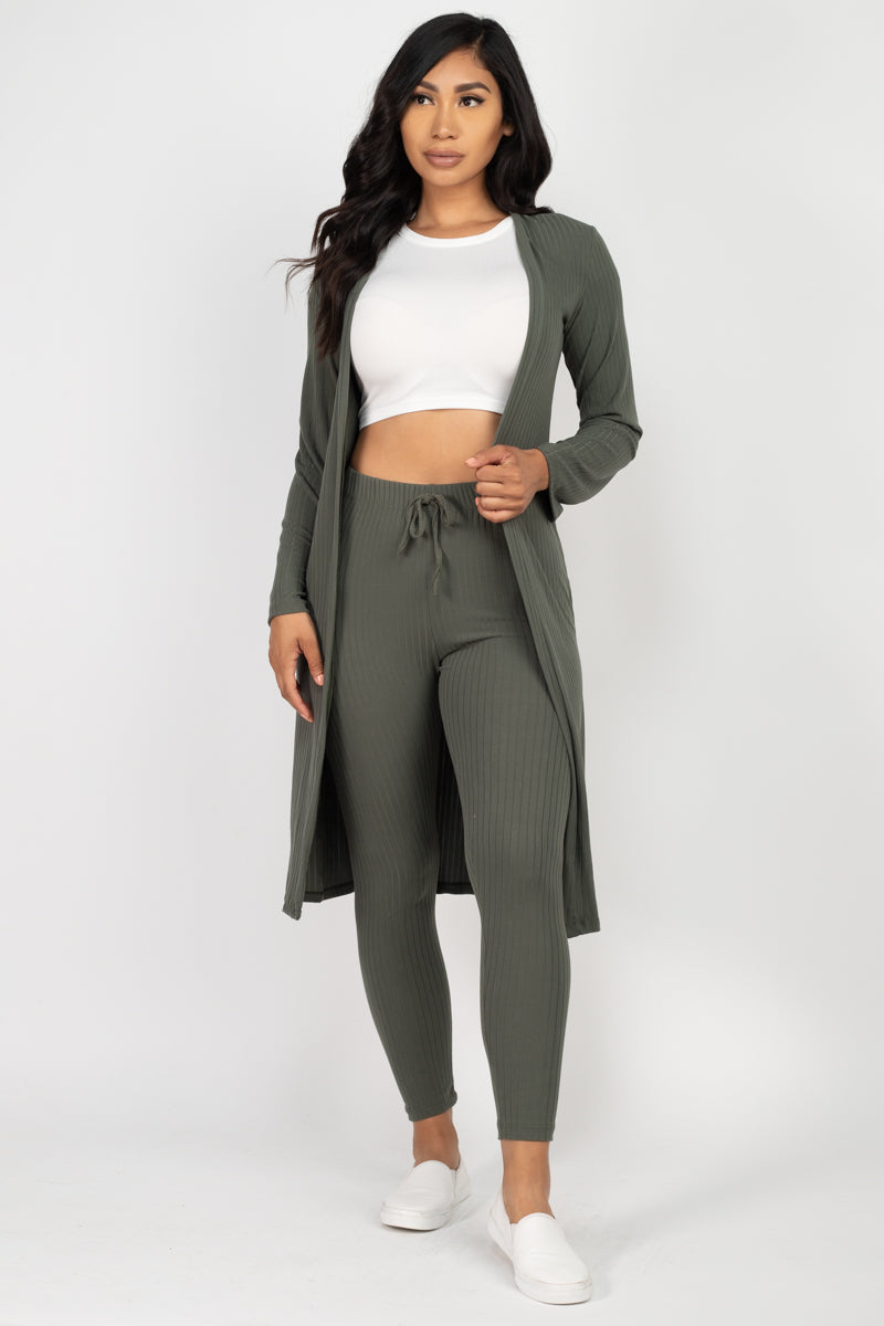 Casual Basics  Rib Knit Longline Cardigan, Crop Top &amp; Leggings Set