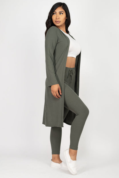 Casual Basics  Rib Knit Longline Cardigan, Crop Top &amp; Leggings Set