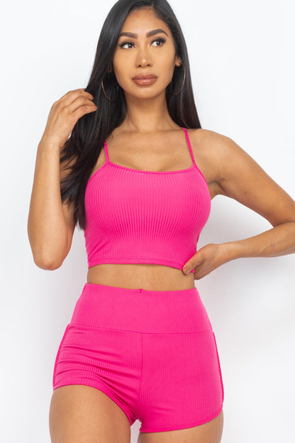 Not So Basic Rib Knit Cami Crop Top &amp; Ruched Shorts Set