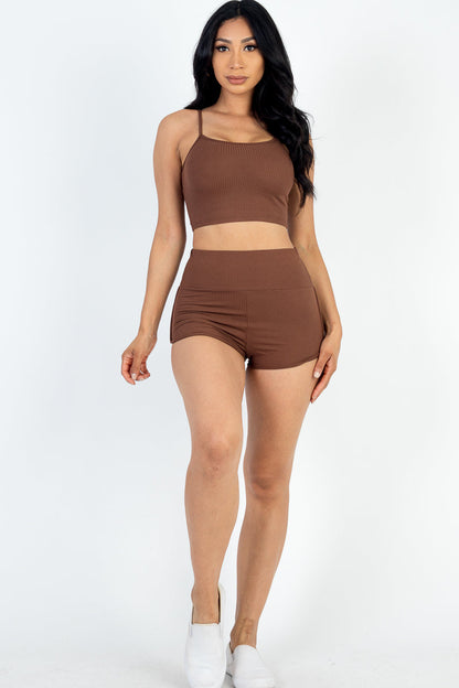 Not So Basic Rib Knit Cami Crop Top &amp; Ruched Shorts Set