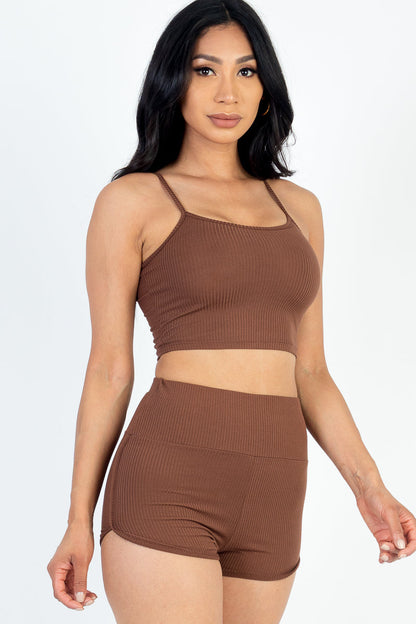 Not So Basic Rib Knit Cami Crop Top &amp; Ruched Shorts Set