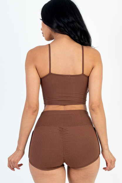 Not So Basic Rib Knit Cami Crop Top &amp; Ruched Shorts Set