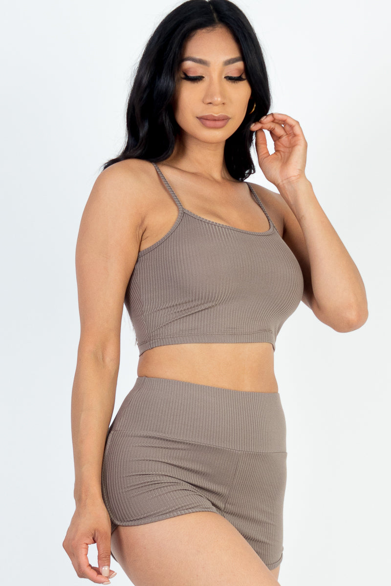 Not So Basic Rib Knit Cami Crop Top &amp; Ruched Shorts Set