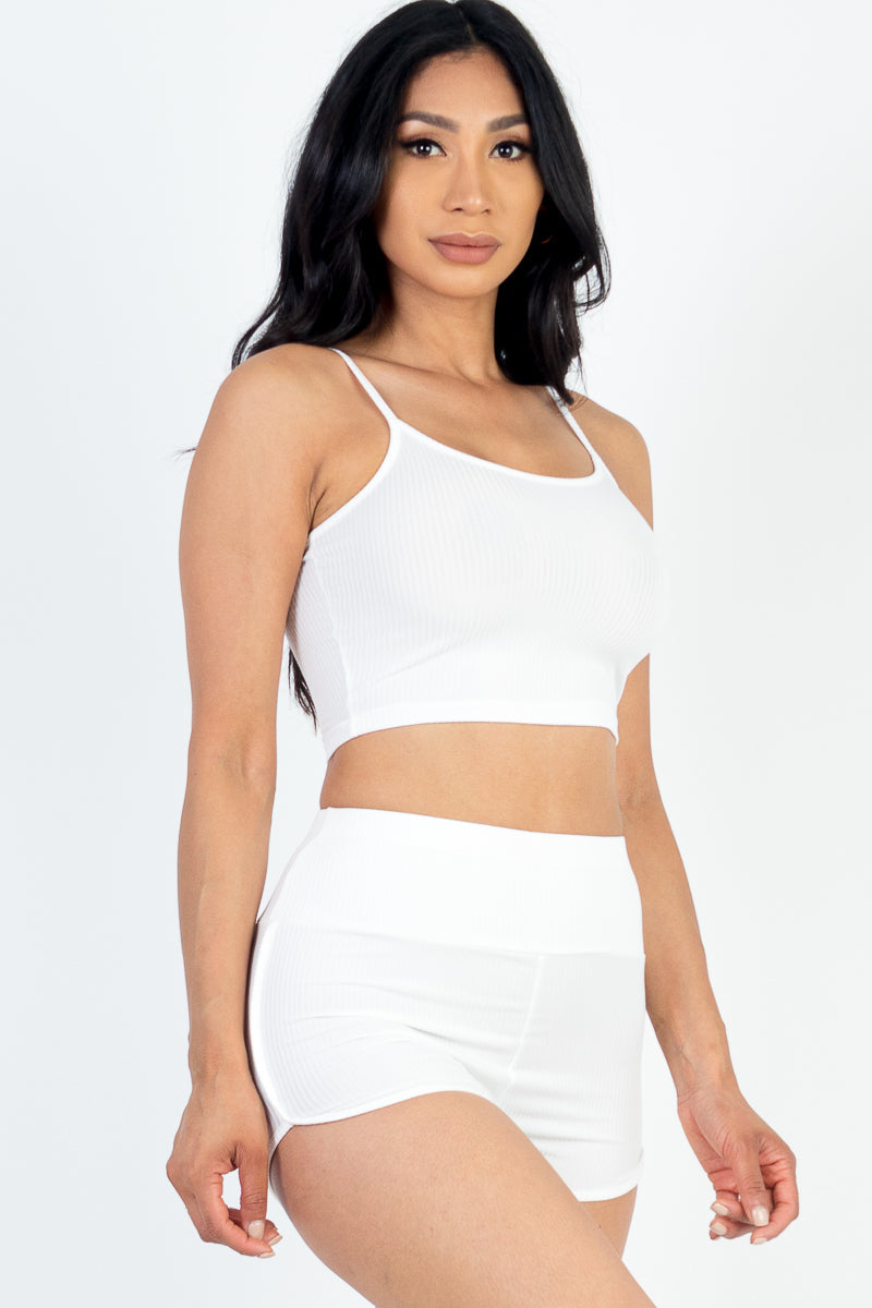 Not So Basic Rib Knit Cami Crop Top &amp; Ruched Shorts Set