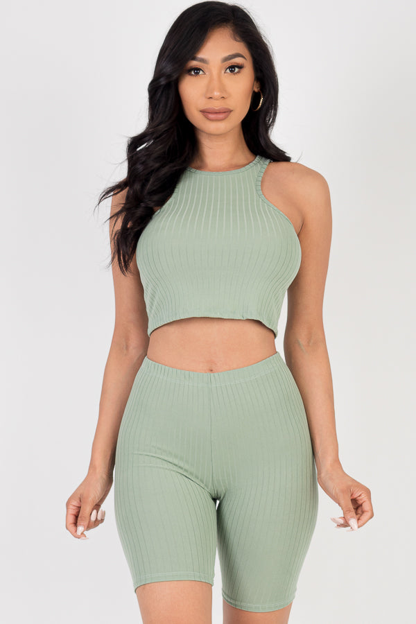 Casual Basics Rib Knit Cropped Top and Biker Shorts Set