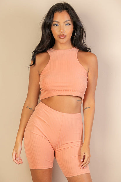 Casual Basics Rib Knit Cropped Top and Biker Shorts Set