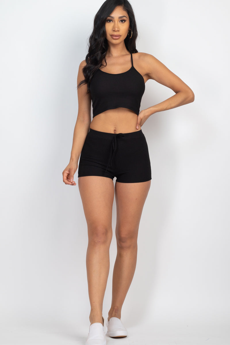 Casual Basics Rib Knit Crop Cami Top &amp; Shorts Lounge Set