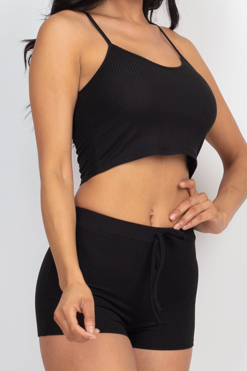 Casual Basics Rib Knit Crop Cami Top &amp; Shorts Lounge Set