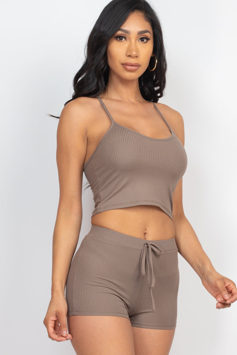 Casual Basics Rib Knit Crop Cami Top &amp; Shorts Lounge Set