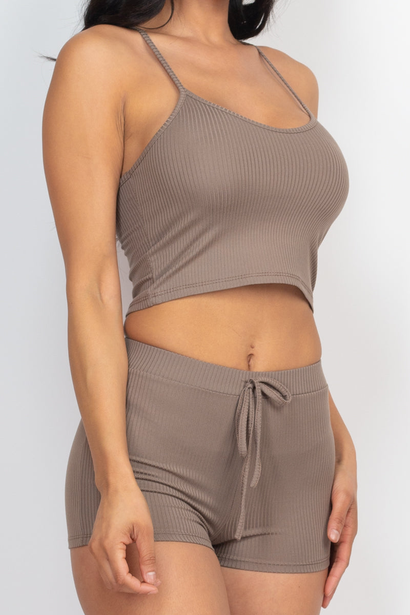 Casual Basics Rib Knit Crop Cami Top &amp; Shorts Lounge Set