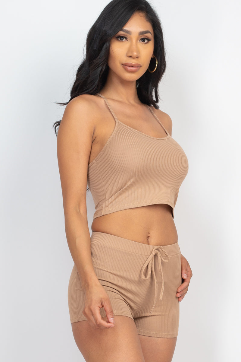 Casual Basics Rib Knit Crop Cami Top &amp; Shorts Lounge Set