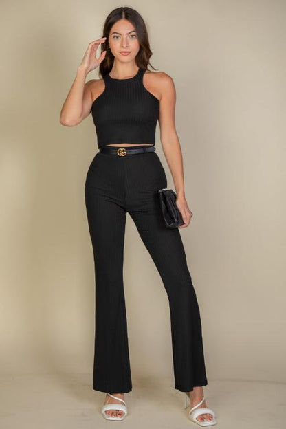 Casual Basics Rib Knit Crop Top and Bootcut Pants Set