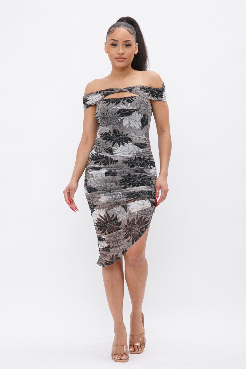 Demi Off Shoulder Floral Print Mesh Ruched Midi Dress